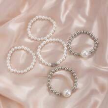 1 pieza Conjunto de 5 piezas de brazalete decorado con perlas falsas de moda, brazalete/pulsera elegante y versátil de estilo vintage para mujer