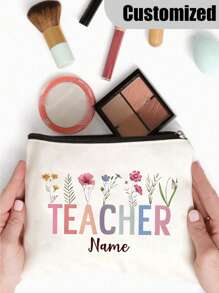 1 pièce Sac de maquillage personnalisé avec lettres d'enseignant et motif floral, sac à crayons avec nom personnalisé. Pochette de rangement de toilette de voyage. Cadeau pour enseignant