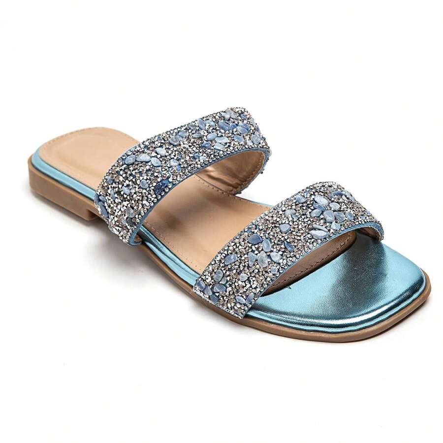 Slippers Inlaid With Dual Rhinestones, With Ergonomic Footbed, Suitable For Casual Wear - Blue - View 1