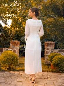 QUNGIGU Women's Boho Flowy Maxi Dress - Flounce Collar & Bell Sleeves With Thigh Slit, Beach Vacation Dress For Summer, V-Neck Party Outfit
