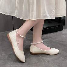 Summer Breathable Hollow-Out Flats, Strap Pearl Chain Loafers, Soft Sole Slip-On - Beige - View 3