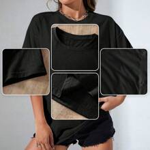 Brooklyn Letter Printed Shoulder Down T-Shirt, Casual Short Sleeved Oversized T-Shirt, Women's Clothing,Soft And Comfortable Cotton - 黑色 - 查看 4