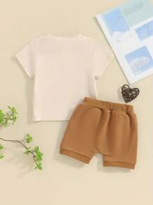 Auntie Baby Clothes Boy Short Sleeve Letters Print T-Shirt With Elastic Waist Shorts Summer Outfit - Apricot - View 9