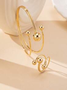 1 Set Vintage Hollow Openwork Bangle Bracelet & Ring, Elegant Woman Accessories - Yellow Gold - View 6