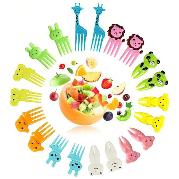 20/30/32/40pcs Cartoon Animal & Fruit Food Picks, Random Color, Plastic Fork For Home, Restaurant, Picnic, Party, Lunch Box Accessory