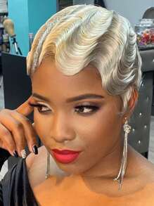 Blonde Finger Wave Human Hair Wig Blonde Pixie Cut Wigs For Women Human Hair 4INCH Short Blonde Finger Ocean Wave Wig For Beginners With Bangs Layered Blonde Pixie Cut Wigs Full Machine Made Wig