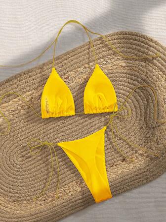  PEPPERMOLLY New Soft Solid Color Spaghetti Strap Criss-Cross Back Party Bikini Set, Elegant Women's Summer Beach Fashion Bikini, Black