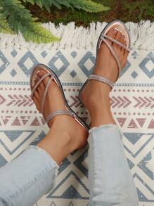 Rounded Toe PU Leather Sandals With Multi-Strap Rhinestone Decoration, Women's Casual Flat Slip-On Slippers, Suitable For Home, Leisure, Daily Wear And Beach Holiday