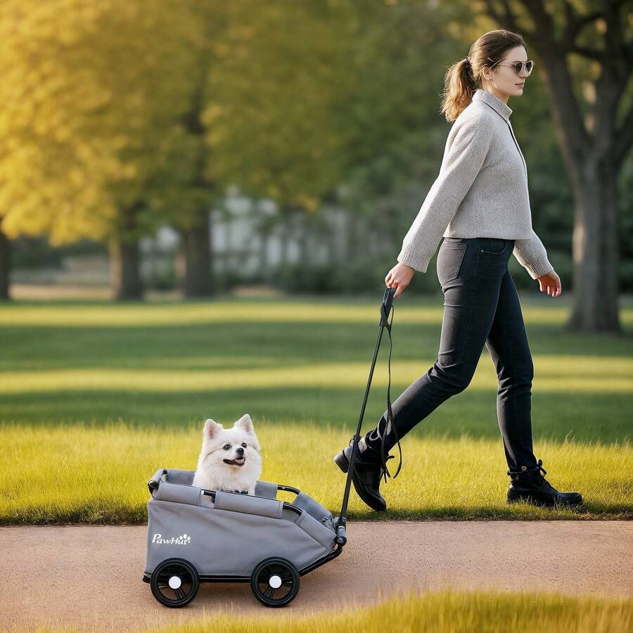 PawHut Poussette pour chien, poussette chien pliable à 4 roues, avec tige de poussée réglable, sac de rangement, coussin lavable, pour chiens miniatures jusqu'à 4 kg, gris - Gris - Voir 1