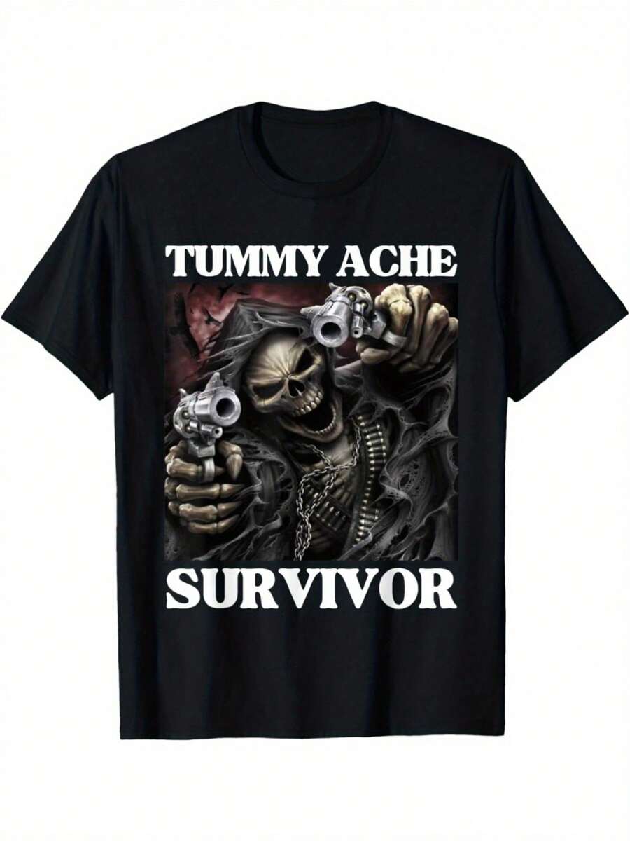 Tummy Ache Survivor Funny Cool Edgy Hard Skeleton Meme T-Shirt Halloween Gifts - màu đen - Xem 1