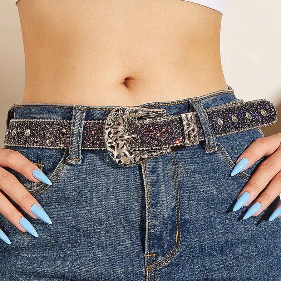 1 件美式复古风格雕花扣水钻边缘珠宝装饰女士腰带 - 时尚个性化亮片腰带，复古 Y2K 美学高端装饰腰带，亚文化 - A - 查看 1