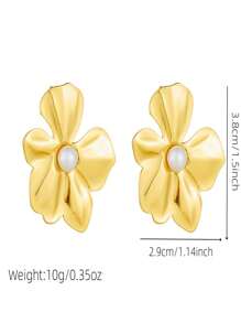 1 Set Antique Gold Plated Asymmetrical Flower Pearl Decor Stainless Steel Earrings & Necklace Jewelry Set - Flowers - View 10