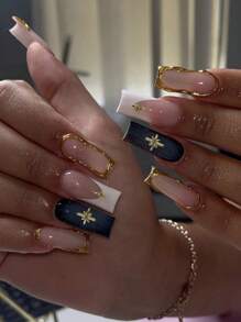 Y2K 24 片长方形按压指甲复古星镜粉法式秋冬经典假指甲带 1 个果冻胶和 1 个锉刀条美甲用品