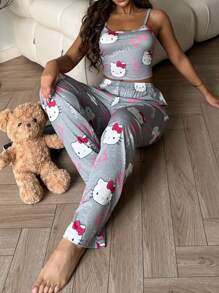 Sanrio 2 Stücke bedruckte Damen Trägerhemd Kurz Top + Gummibund gerade Hose Schlafanzug Set, Zweiteiler