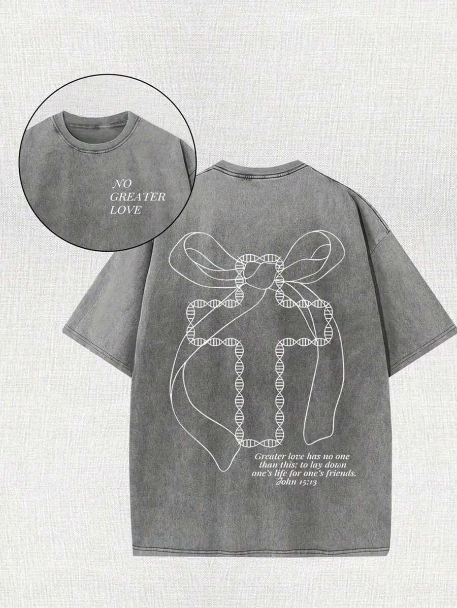 Cross, Letter Printing, Jesus, Religious Belief, God, 230 Grams Of Wax Printed Double-Sided Short-Sleeved T-Shirt, Retro Washing, 100% Cotton, Comfortable Loose Short-Sleeved T-Shirt Selected Summer Clothing. - 灰色 - 查看 1