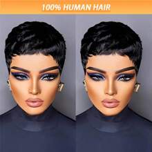 Short Layered Pixie Human Hair Wigs 1B Color Pixie Cut Wigs For Women With Bangs Brazilian Virgin Human Hair Wigs For Women Glueless Full Machine Made Wigs For Christmas Party Cosplay Daily Use Wigs
