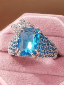 Luxurious Marine Blue Square Geometry Exquisite Synthetic Zirconia Rings, 3D Butterfly Designs, Exquisite Men's And Women's Rings For Banquet Parties, Cocktail Parties, And Other Events - Silver - View 3