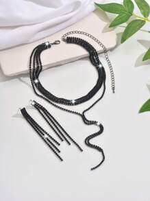 1 pièce Collier long en forme de Y luxueux avec strass + 1 paire de boucles d'oreilles à franges, ensemble de bijoux de mode convenant aux femmes, idéal pour le mariage, les fêtes et le port quotidien