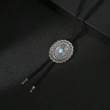 Retro Turquoise Flower Metal & Leather Long Necklace, Unisex Minimalistic Design
