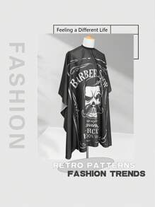 复古美发斗篷黑色印花图案剪发围裙，男士沙龙发型师理发师工作服