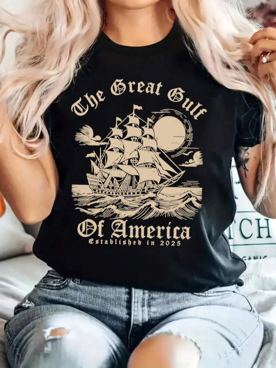 女士夏季字母帆船印花圆领短袖简约休闲日常 T 恤上衣 - 黑色 - 查看 1