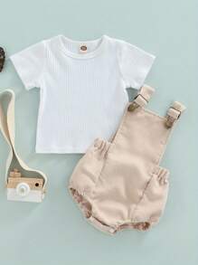 Baby Strappy Romper Suit Ribbed Round Neck Short Sleeve T-Shirt Tops + Adjustable Straps Romper Two Piece Set - 米色 - 查看 1