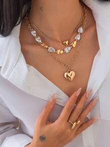 3 pièces/set Collier asymétrique avec perles vintage, collier pendentif élégant minimaliste en forme de cœur géométrique pour femmes, polyvalent pour les soirées et le porter casual