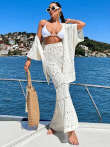 Conjunto de pantalones de punto para vacaciones en la playa con cubrecosturas de manga 3/4 (traje de baño no incluido) - Blanco - Ver 3