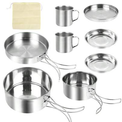 8pc Stainless Steel Cookware Set BBQ Camping Outdoor Hiking Cooking Fry Pan