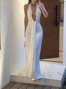 Women's Elegant Deep V-Neck Hollow Pleated Dress - Halter Neck Fitted Style, Suitable For Christmas Parties, New Year's Eve, Wedding Guests And Formal Occasions White Summer Party - White - View 4