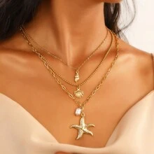 1pc Fashionable Vintage 3-Tier Faux Pearl, Starfish, Seashell Pendant Necklace, Suitable For Daily, Party, Vacation Wear, Gift For Family And Friends - Ocean Element Necklace - View 3