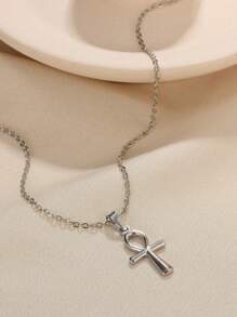 Collar con colgante de cruz Ankh de plata y oro para mujer, joyería religiosa de acero inoxidable - Multicolor - Ver 3