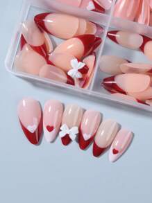 Transform Your Nails With,96pcs Almond Nail,French Bow Heart Design Press-On Nails Long Perfect Fit False Nail Set,Contains 1 Nail File 1 Jelly Glue,For Women & Girl