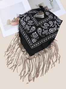 1buc Damă Casual Negru/Alb Motiv Paisley Auriu Paiete Ciucuri Bandana Eșarfă pătrată, Potrivită pentru călătorii, în aer liber și ținute zilnice, toamna de iarnă
