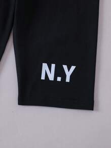 2pcs/Set Girls Spring/Summer Round Neck Short Sleeve Fashionable Little Girl Portrait Print T-Shirt And Black Pants - White - View 8