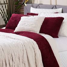 Denver QUEEN Double-Sided Ribbed Blanket Kit 03 Pieces - Duvet Set Blanket In Warm Soft Ribbed Microfiber Blanket Winter Decoration Blanket Striped Blanket - Burdeos - Ver 8