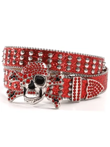 1 件男士朋克骷髅 Y2K 嘻哈水钻涂鸦 PU 皮带，时尚街头风格，音乐节/生日/毕业礼物配饰 - 彩色 - 查看 6