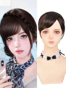 Peluca con diadema con trenza de tres mechones y flequillo lateral, cabello sintético liso para mujeres