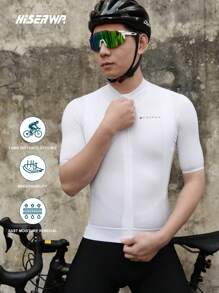 HISERWA White Cycling Short Sleeve Jersey, Professional Tight-Fit Breathable Athletic Shirt For Outdoor Bike Sports, Men, Classic Design With Full Zipper, Wide Hem Band, 3 Rear Pockets, Reflective Trim, Seamless Cuffs, XS-XL