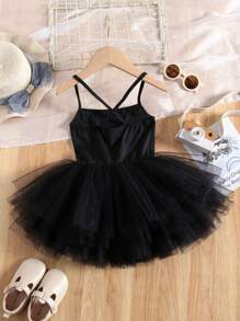 1pc Young Girls Cute Elegant Princess Sweet Academy Ballet Style Breathable Lightweight Tulle Strap Tutu Dress, Suitable For Party, Birthday, Celebration, Holiday, Performance, Banquet, All Seasons - Black - View 6