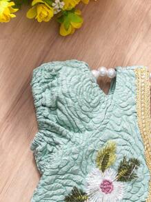 复古宫廷刺绣花卉公主裙，复古V领连衣裙配手提包，儿童高贵优雅套装 | 亲子摄影和宴会场合必备，打造艺术仙气，适合4-7岁儿童春夏穿着 - 藍色 - 查看 6