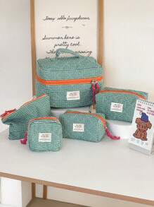 Bolsa de cosméticos de estilo clásico a cuadros, bolsa de tela con cremallera suave, diseño minimalista retro, bolsa de almacenamiento multiusos, adecuada para el hogar, viajes y uso diario, bolsa de cosméticos, útiles escolares, artículos de viaje, artículos esenciales para vacaciones, bolsas de cosméticos - Verde - Ver 12