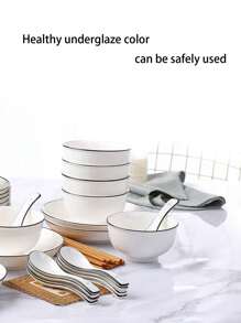 1/2 piezas Tazón de cerámica con borde negro, vajilla blanca creativa - Blanco - Ver 4