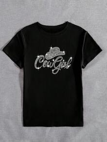 DEAR MOLLY Vibrant Cowgirl Pattern Short Sleeve T-Shirt, Loose Fit Casual Tops, Brilliant Diamond Bling Bling, Suitable For Holiday, Party, Gift, All Season - Black - View 2