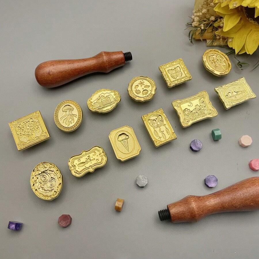 7pcs/Set Asymmetrical Wax Seal Stamp Heads And Solid Wood Wax Seal Stamp Handle Combination, Includes 1pc Solid Wood Wax Seal Stamp Handle And 6pcs Asymmetrical Wax Seal Stamp Heads, Wax Seal Stamp Set, Special Design For Decorating Envelopes, Wedding Invitations, Greeting Cards, Gift For Friends - Sets - View 1