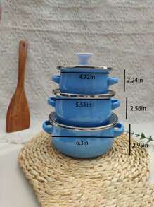 3pcs Enamel Cookware Set, Thick Double-Ear Enamel Cooking Pot, Multi-Purpose For Gas/Induction Cooktop, Includes Soup Pot With Lid, Enamel Stew Pot, Enamel Bowl With Handle