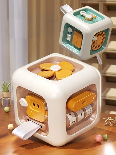 Cubo sensorial educacional Montessori 6 em 1, design multifuncional com ventiladores giratórios, botões, engrenagens e trilhos para desenvolver habilidades motoras finas, capacidade cognitiva e estimulação sensorial. Feito de materiais PP + TPE, pode ser lavado na máquina de lavar louças.