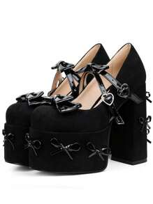Women Mary Jane Pumps Chunky High Heel Bowknot Buckle Fashion Sweet Sexy Lolita Cosplay Gothic Girls Wedding Party Shoes Woman - 黑色 - 查看 3