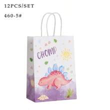 12件海洋动物主题礼品包装袋卡通恐龙印花手提袋派对牛皮纸袋