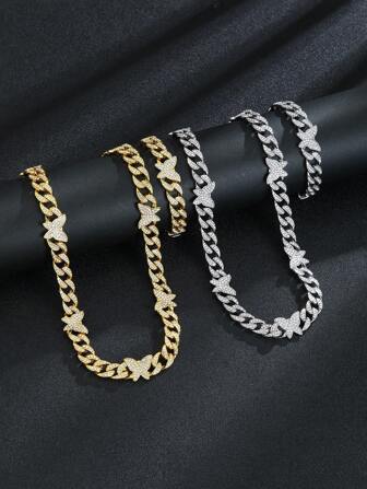 1pc Fashionable Cuban Link Butterfly Fully Rhinestone Necklace, Charming Jewelry Gift For Women